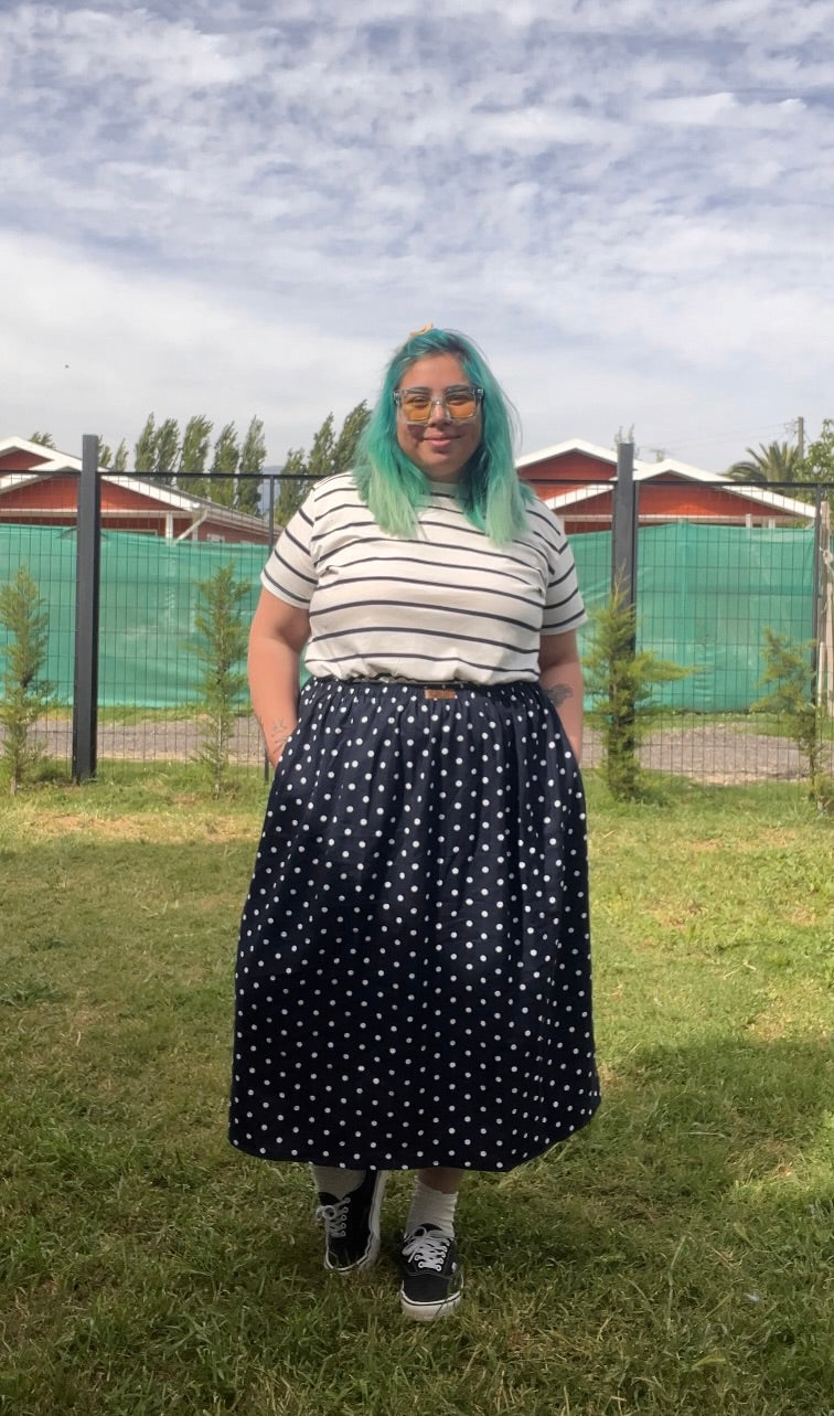 Falda Basic Midi lino azul marino lunares