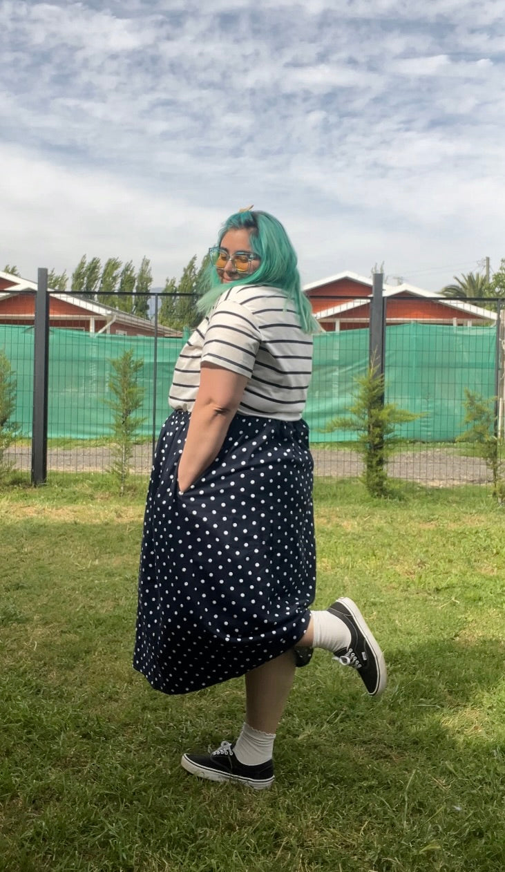 Falda Basic Midi lino azul marino lunares