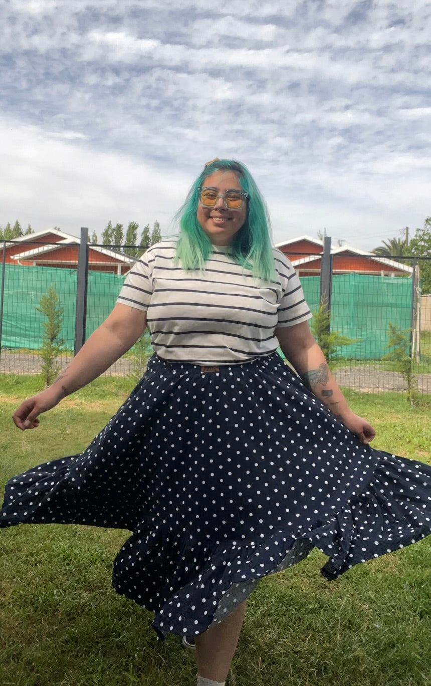 Falda Maya Midi lino azul marino lunares