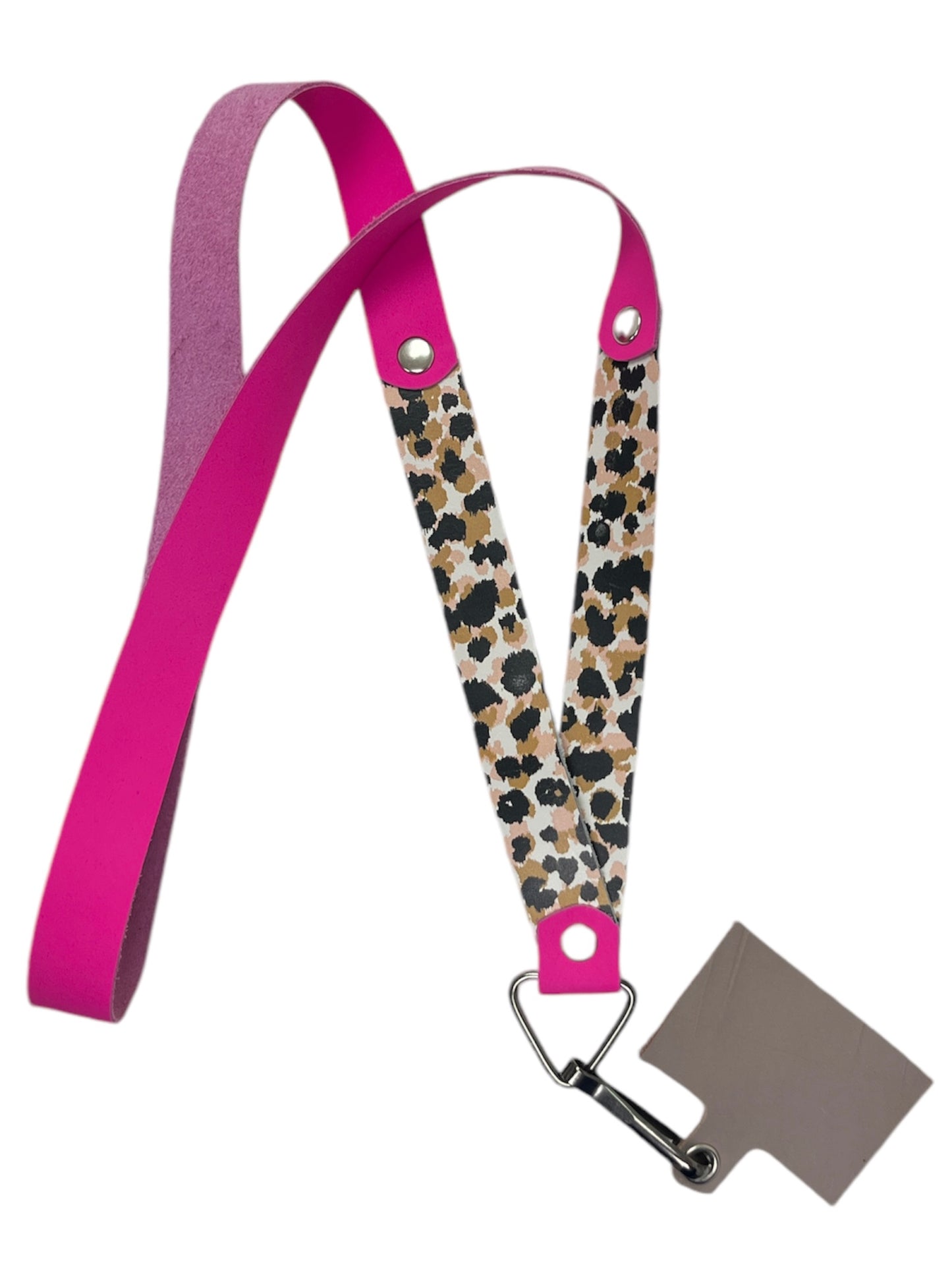 Lanyard de cuero para celular, credencial y llaves, fucsia con animal print