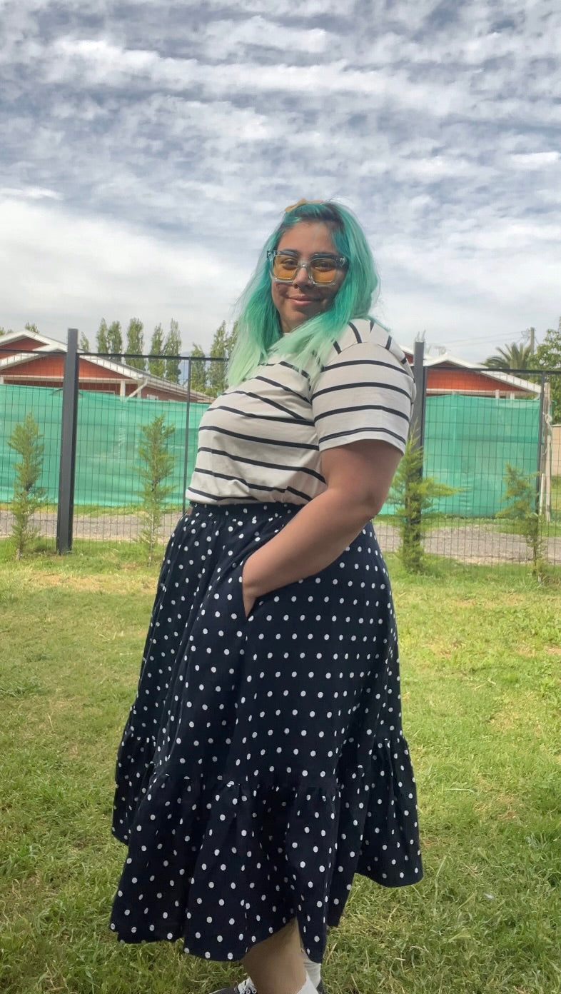 Falda Maya Midi lino azul marino lunares