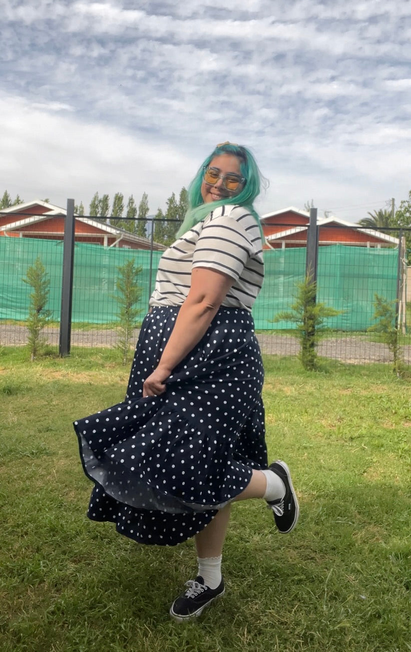 Falda Maya Midi lino azul marino lunares