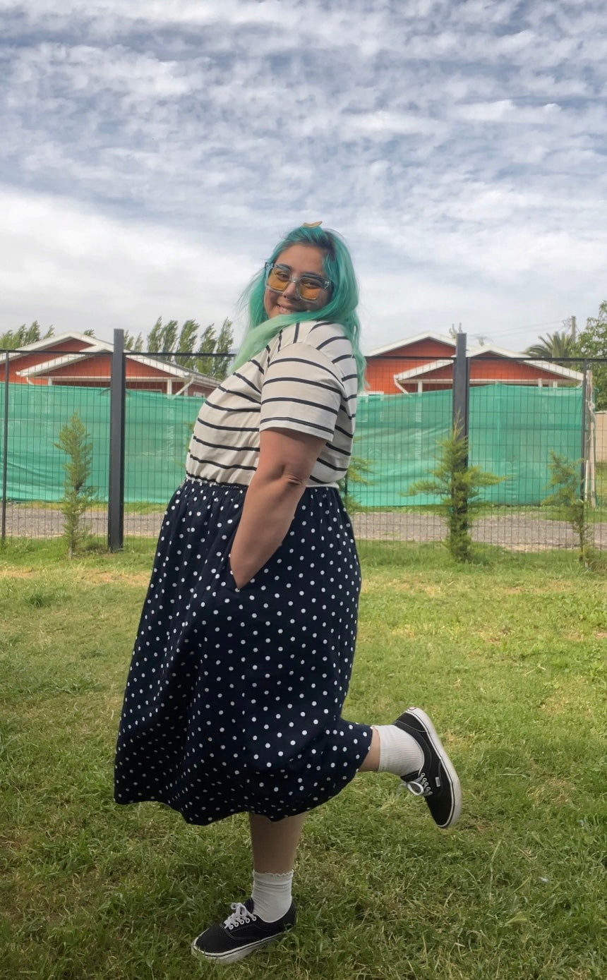 Falda Basic Midi lino azul marino lunares