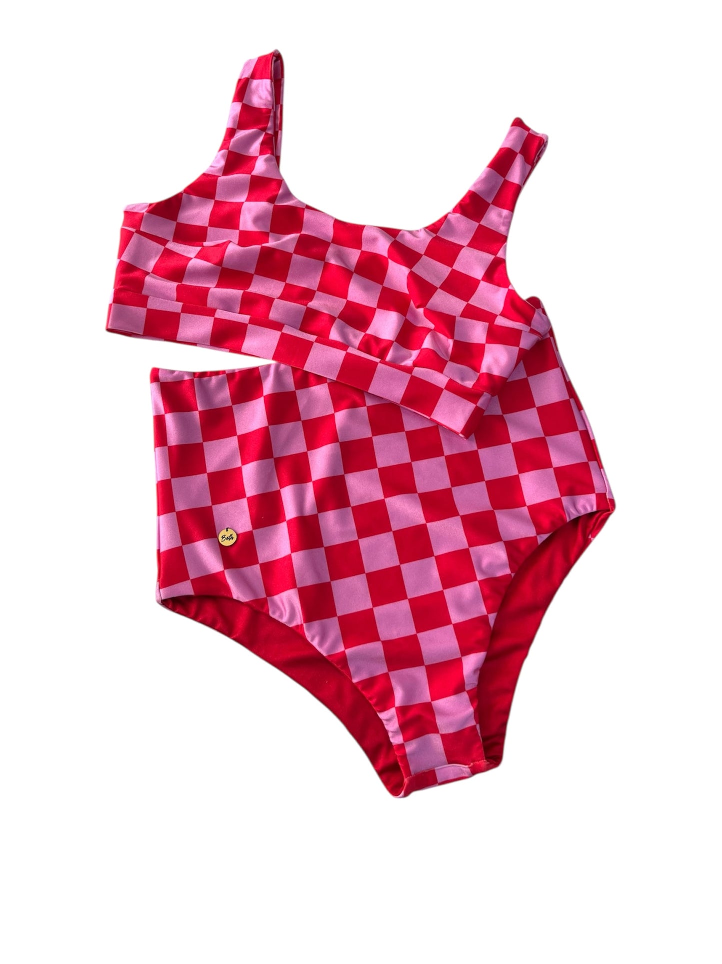 Calzón tiro alto regular bikini chess rojo/rosado reversible rojo
