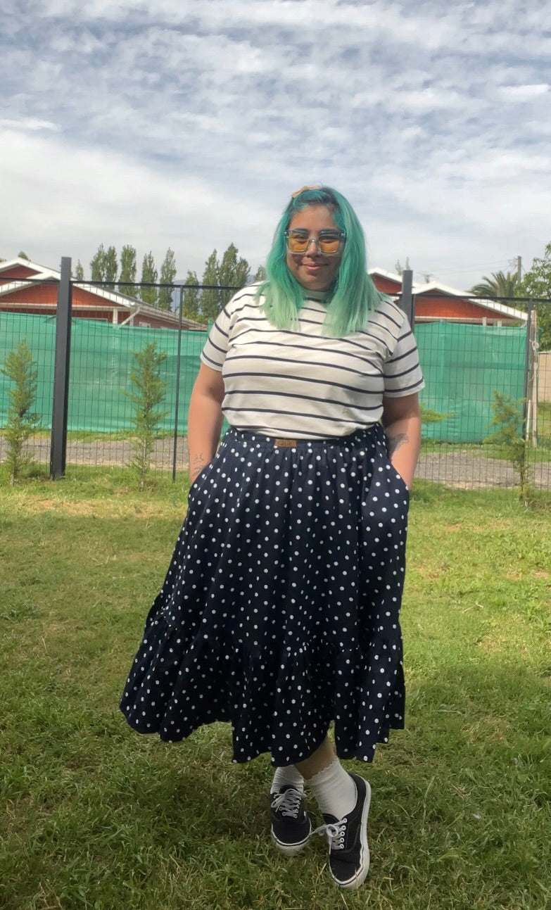Falda Maya Midi lino azul marino lunares