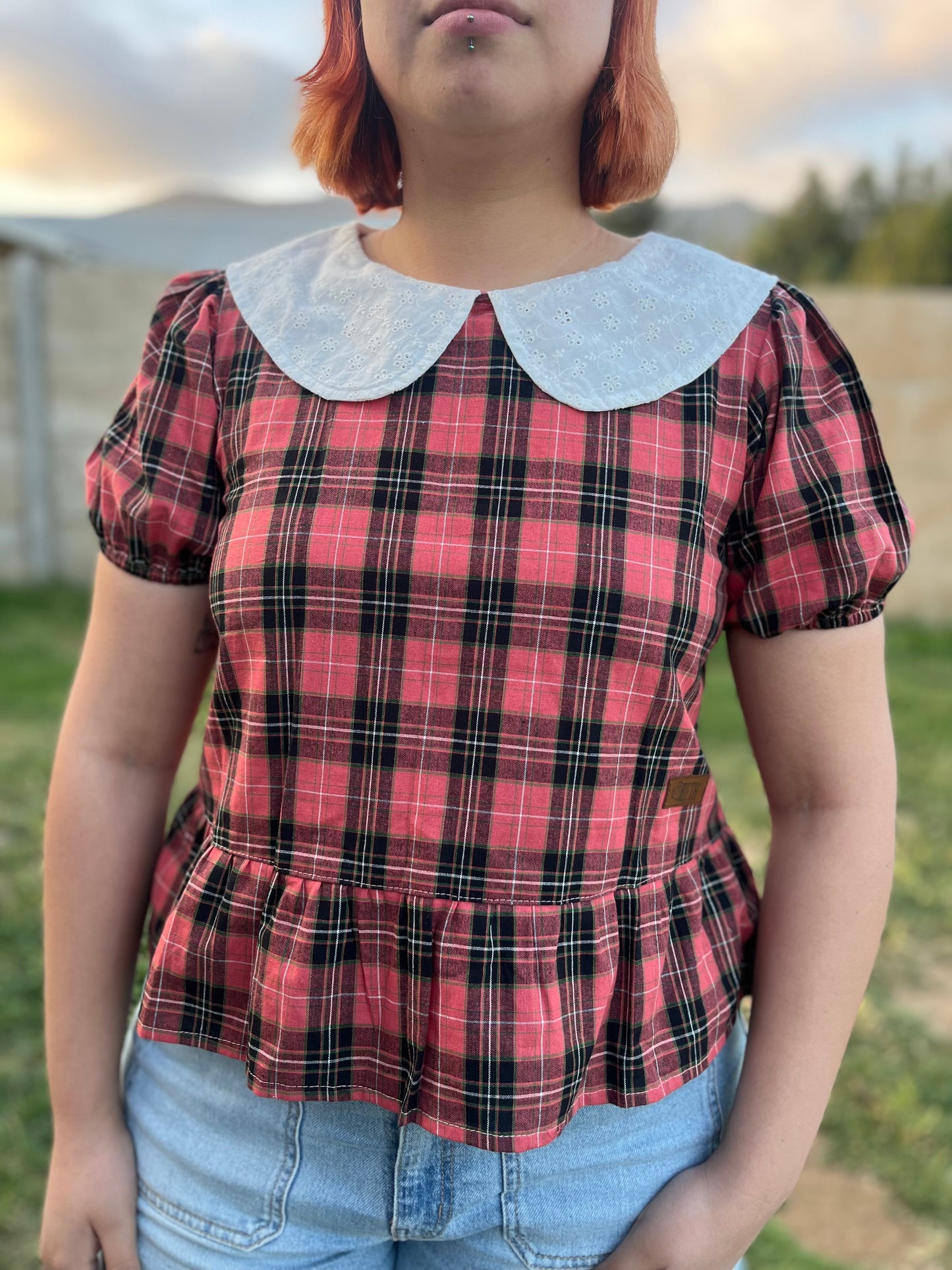 Blusa Nina manga corta tartán coral