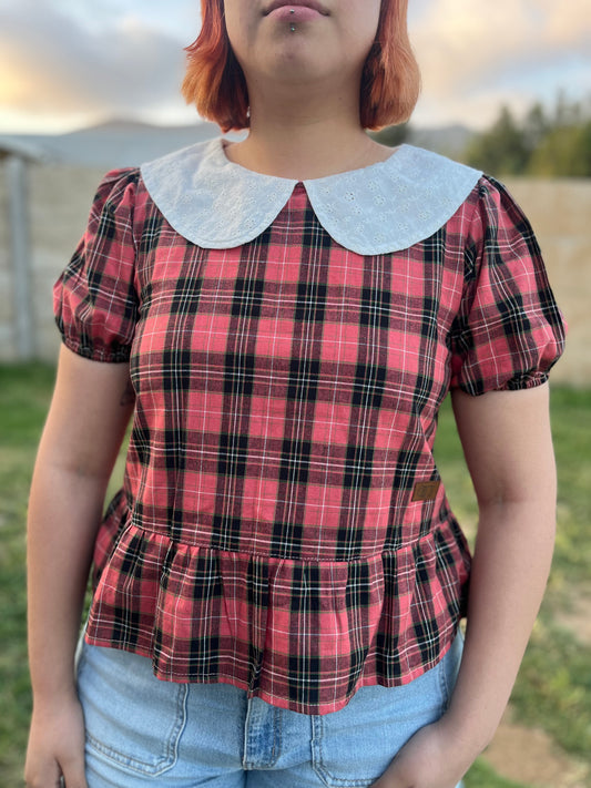 Blusa Nina manga corta tartán coral