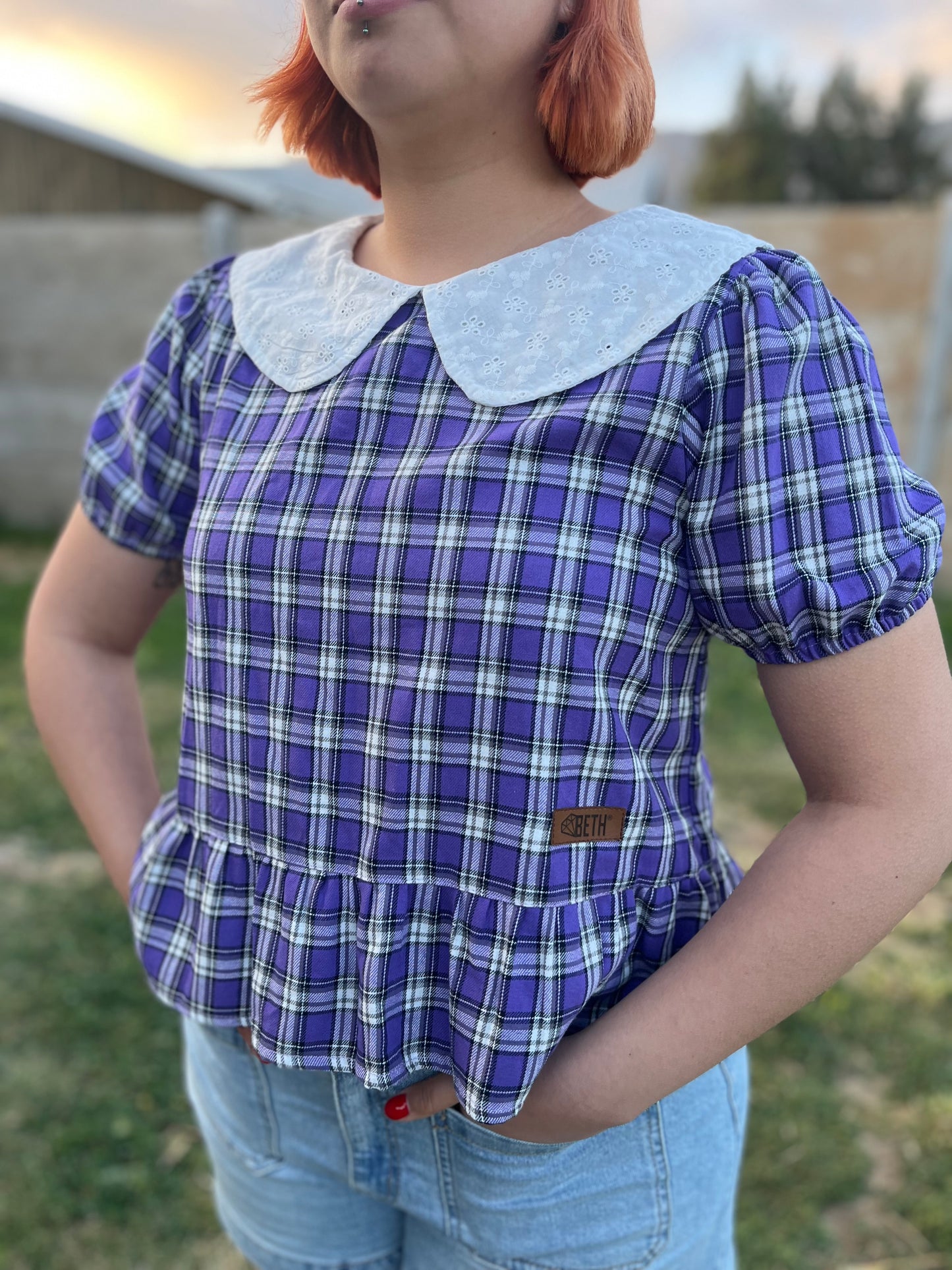 Blusa Nina manga corta tartán lila