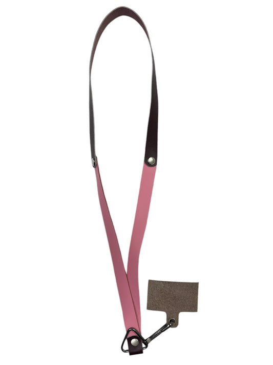 Lanyard de cuero para celular, credencial y llaves, Burdeo con rosado