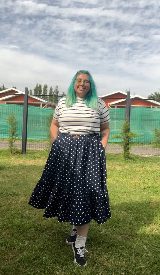 Falda Maya Midi lino azul marino lunares