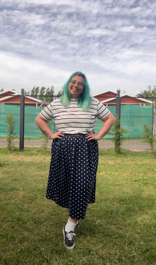 Falda Basic Midi lino azul marino lunares