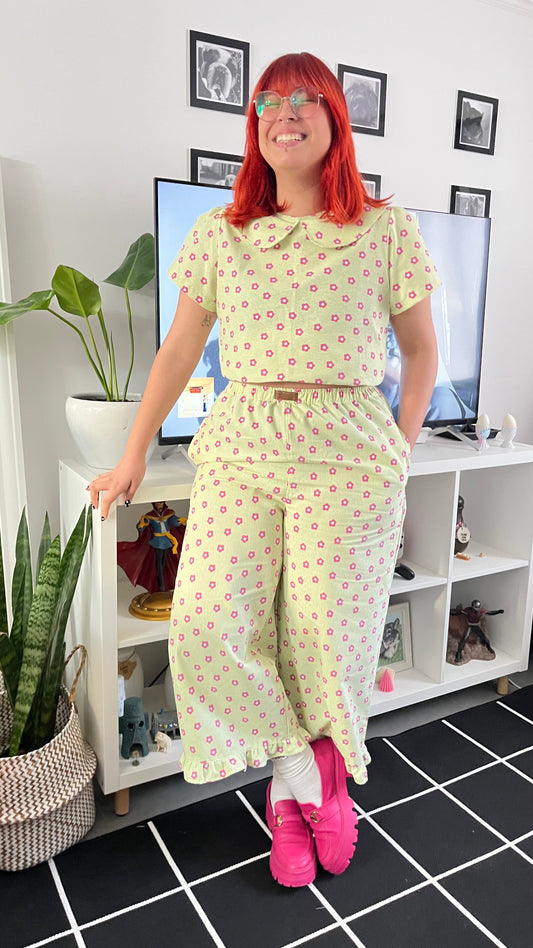 Culotte Lillie ondas verde flores fucsia