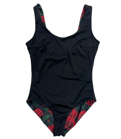 Bañador una pieza básico rosas reversible negro