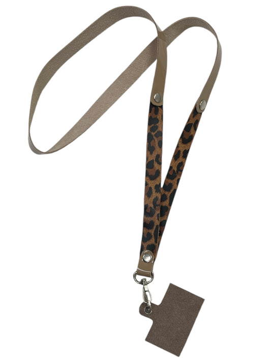 Lanyard de cuero para celular, credencial y llaves, Richato Nude con Leopardo