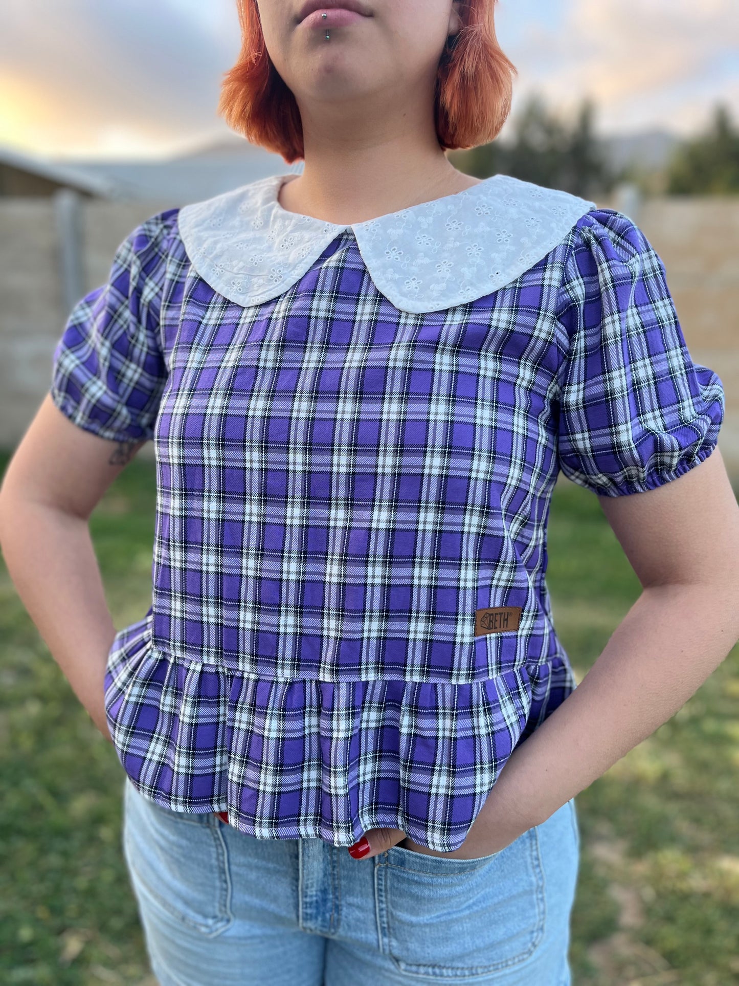 Blusa Nina manga corta tartán lila