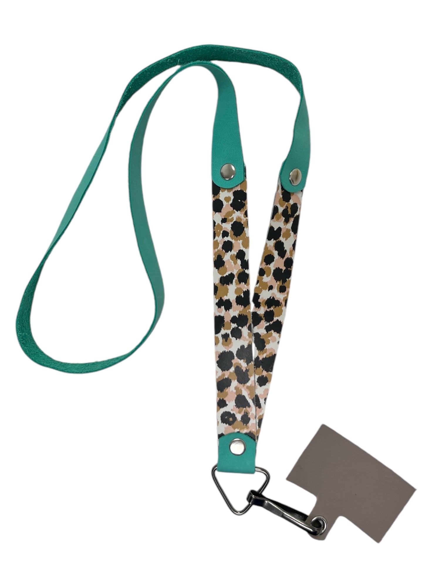 Lanyard de cuero para celular, credencial y llaves, Menta con animal print