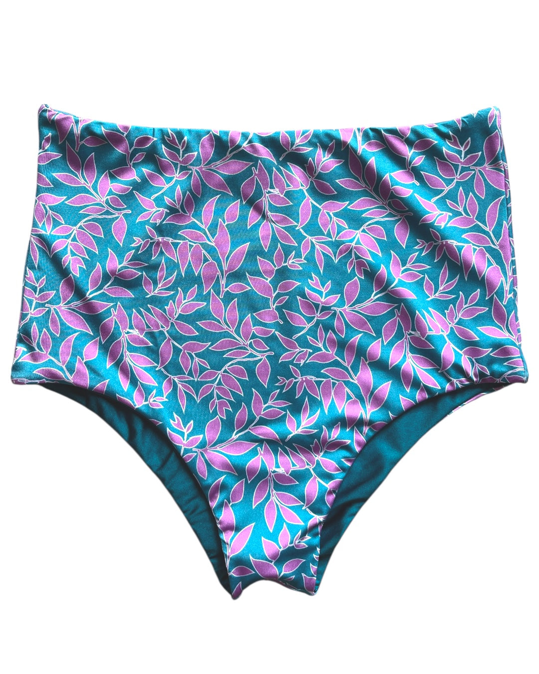 Calzón tiro alto regular bikini turquesa hojas reversible turquesa